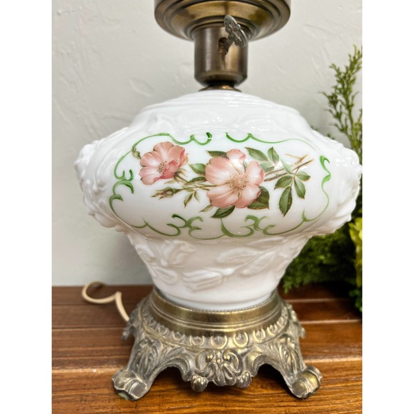 Vintage Hurricane 3-way Milk Glass Globe Floral Gone with the Wind Lamp Base - Picture 2 of 8